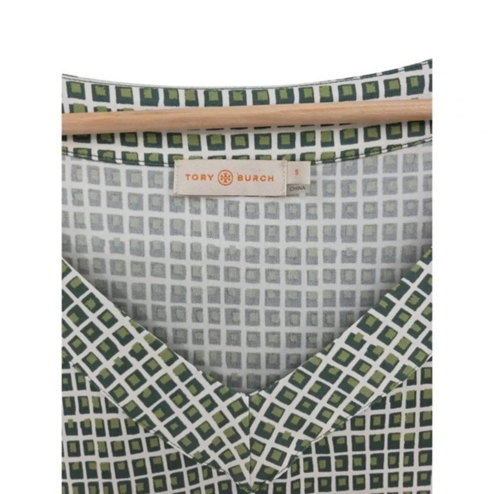 Tory Burch Women S Green White Geometric Print V Neck Sleeveless Silk Midi Dress